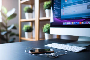bureau-ecran-smartphone-ecouteurs-plantes