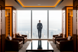 bureau-elegant-personne-costume-vue-ville