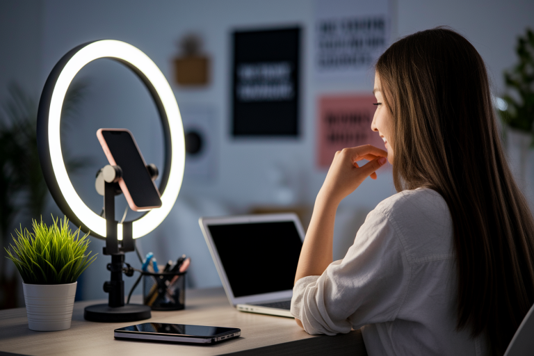 femme-dos-bureau-gadgets-ringlight