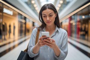 femme-smartphone-centre-commercial-flou