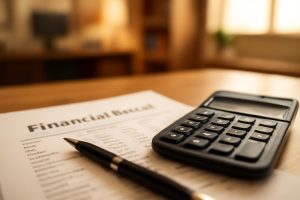 document-financier-calculatrice-stylo-bureau