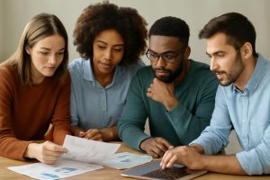 groupe-divers-documents-ordinateur-collaboration