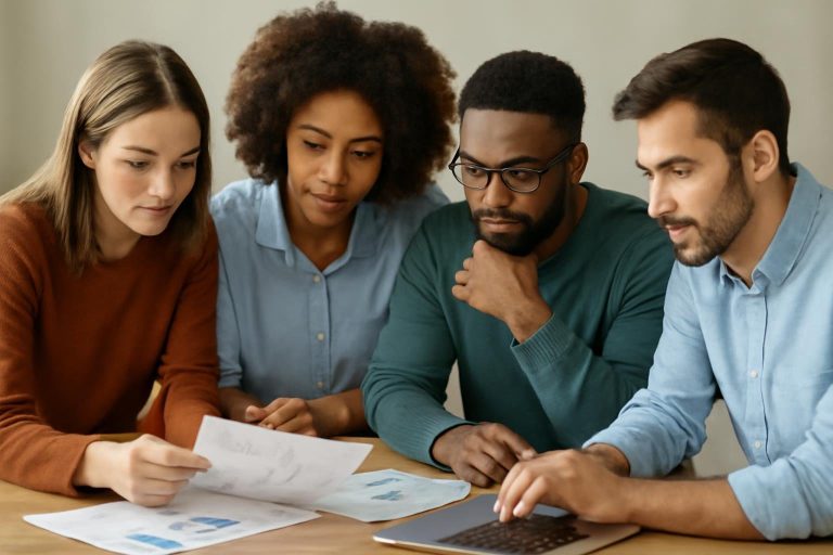 groupe-divers-documents-ordinateur-collaboration