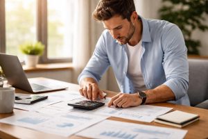 professionnel-detendu-table-calculatrice-lumiere